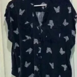 Chic Black Top with White Butterfly Pattern